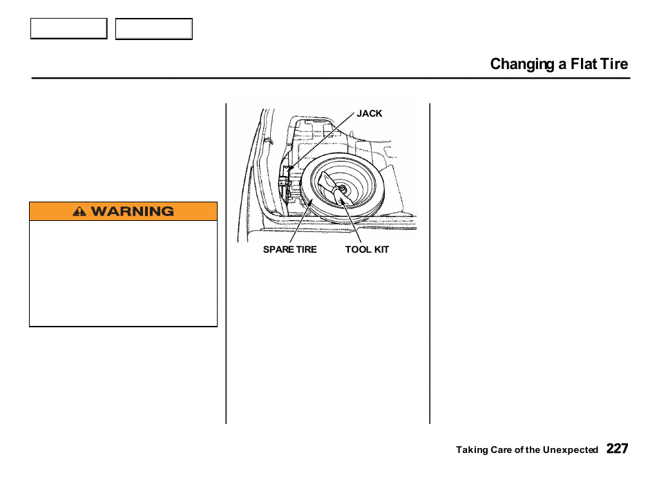 Changing a flat tire | Acura 2001 Integra Hatchback - Owner's Manual User Manual | Page 230 / 285