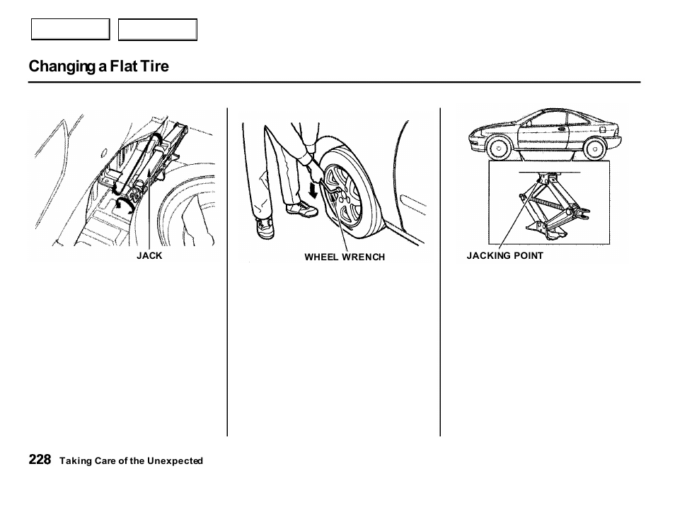 Changing a flat tire | Acura 2001 Integra Hatchback - Owner's Manual User Manual | Page 231 / 285