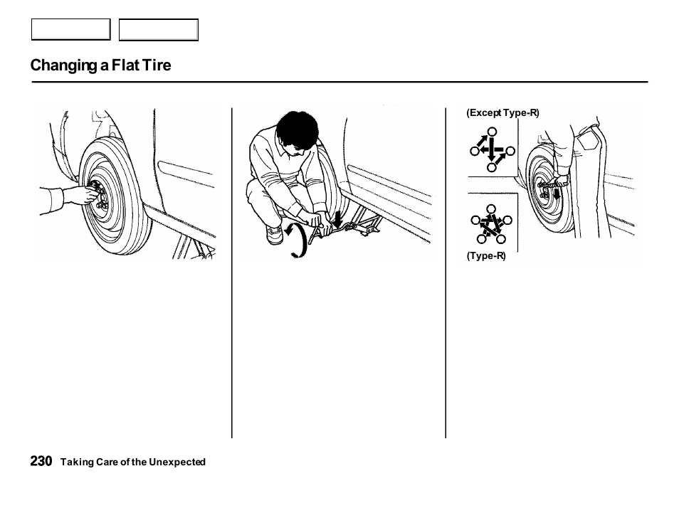 Changing a flat tire | Acura 2001 Integra Hatchback - Owner's Manual User Manual | Page 233 / 285