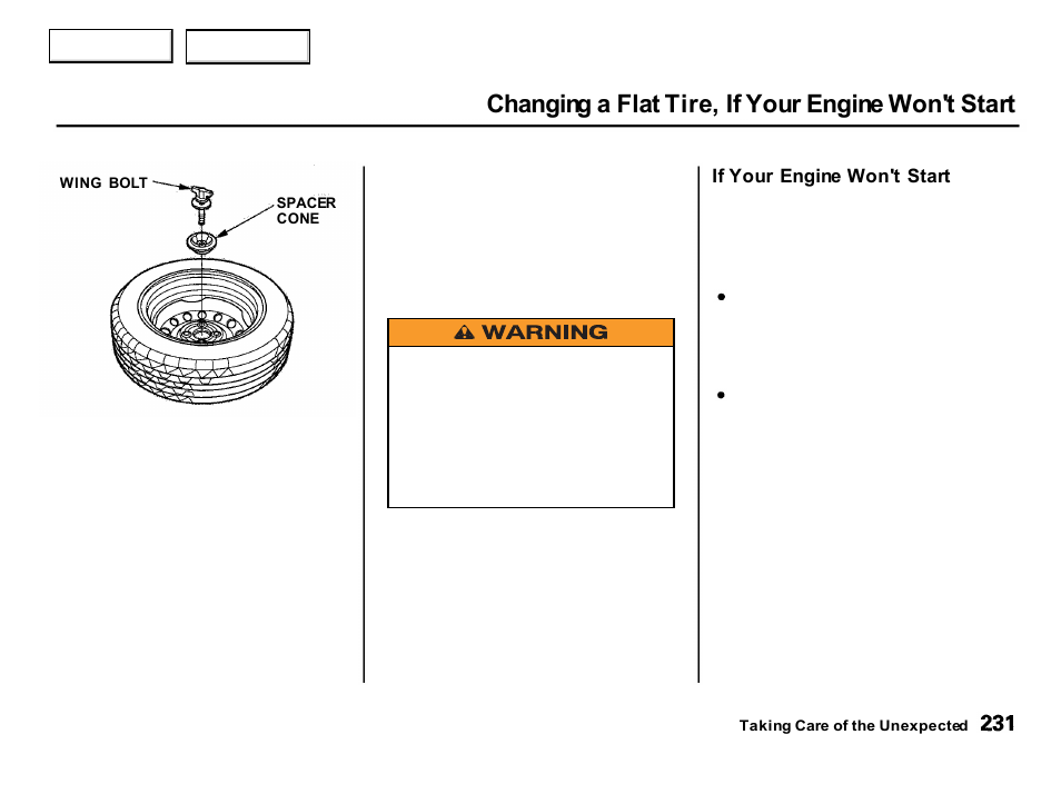 Changing a flat tire, if your engine won't start | Acura 2001 Integra Hatchback - Owner's Manual User Manual | Page 234 / 285