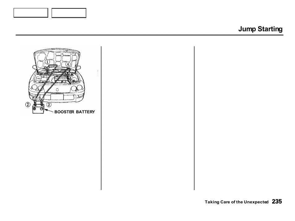 Jump starting | Acura 2001 Integra Hatchback - Owner's Manual User Manual | Page 238 / 285