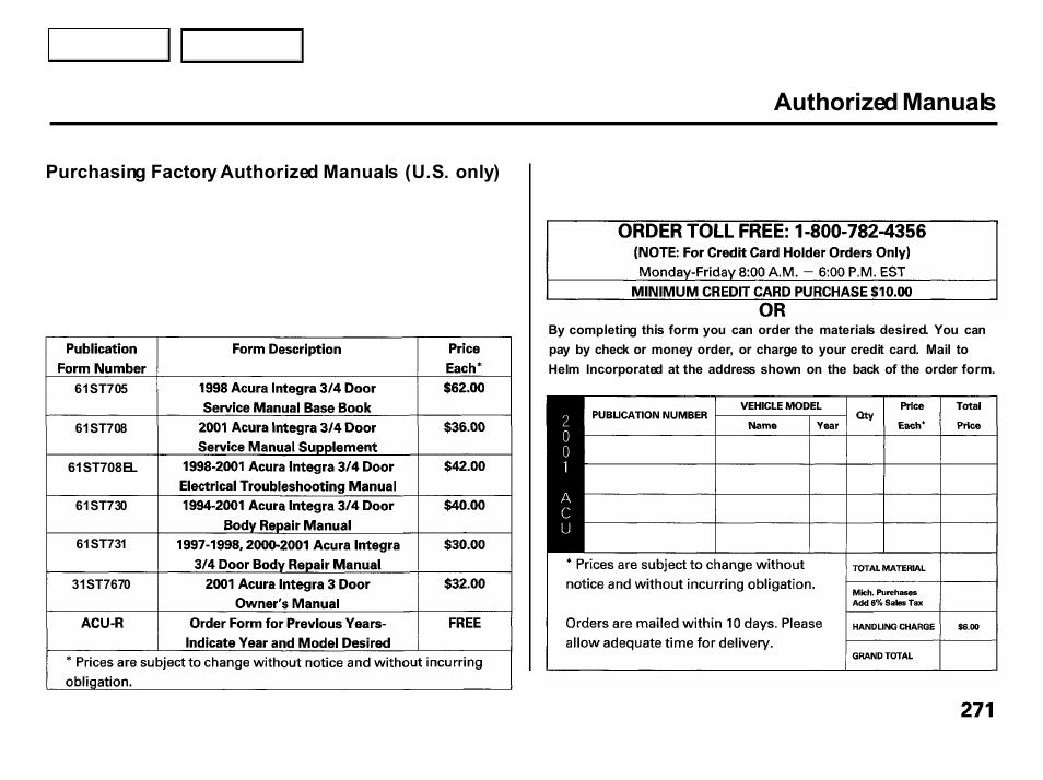 Authorized manuals | Acura 2001 Integra Hatchback - Owner's Manual User Manual | Page 274 / 285