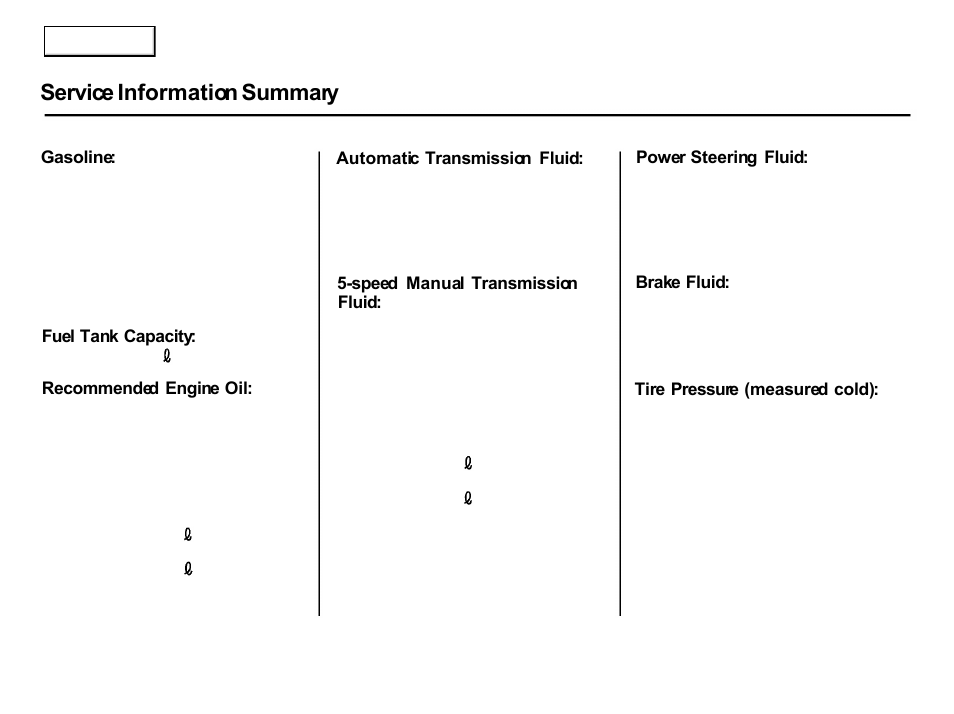 Service information summary | Acura 2001 Integra Hatchback - Owner's Manual User Manual | Page 285 / 285