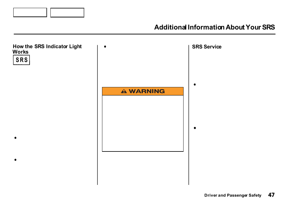 Additional information about your srs, S r s | Acura 2001 Integra Hatchback - Owner's Manual User Manual | Page 50 / 285