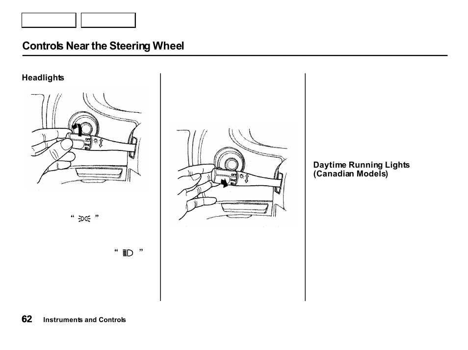 Controls near the steering wheel | Acura 2001 Integra Hatchback - Owner's Manual User Manual | Page 65 / 285