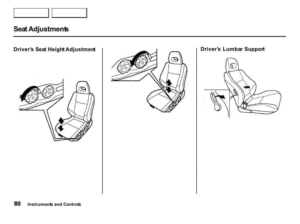 Seat adjustments | Acura 2001 Integra Hatchback - Owner's Manual User Manual | Page 83 / 285