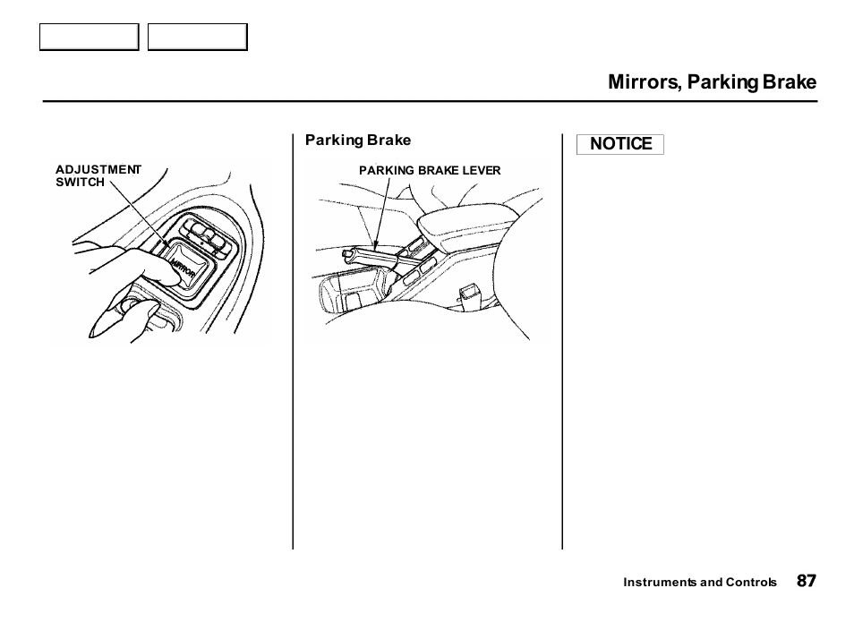 Mirrors, parking brake, Notice | Acura 2001 Integra Hatchback - Owner's Manual User Manual | Page 90 / 285