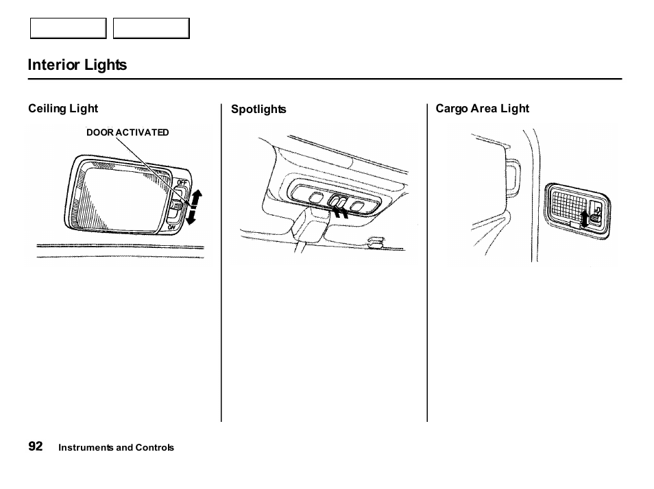 Interior lights | Acura 2001 Integra Hatchback - Owner's Manual User Manual | Page 95 / 285
