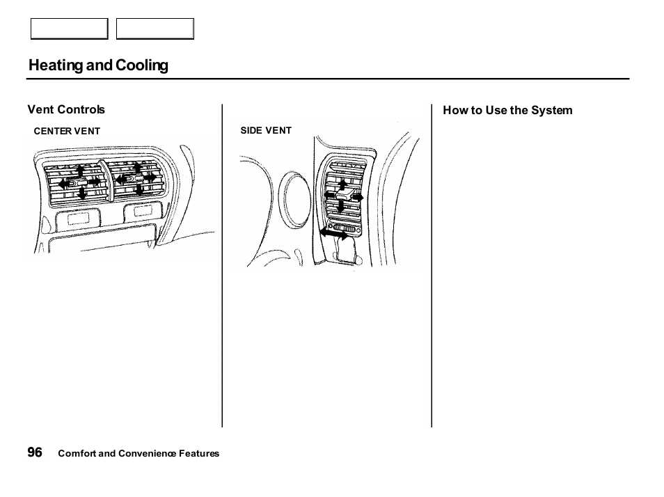 Heating and cooling | Acura 2001 Integra Hatchback - Owner's Manual User Manual | Page 99 / 285