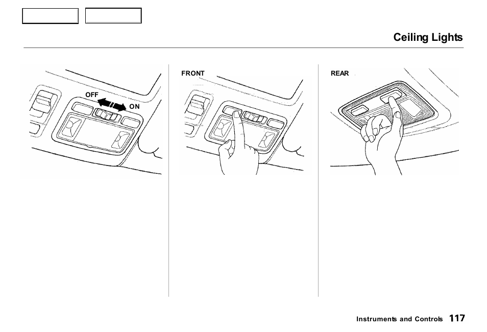 Ceiling lights | Acura 2000 RL - Owner's Manual User Manual | Page 120 / 330