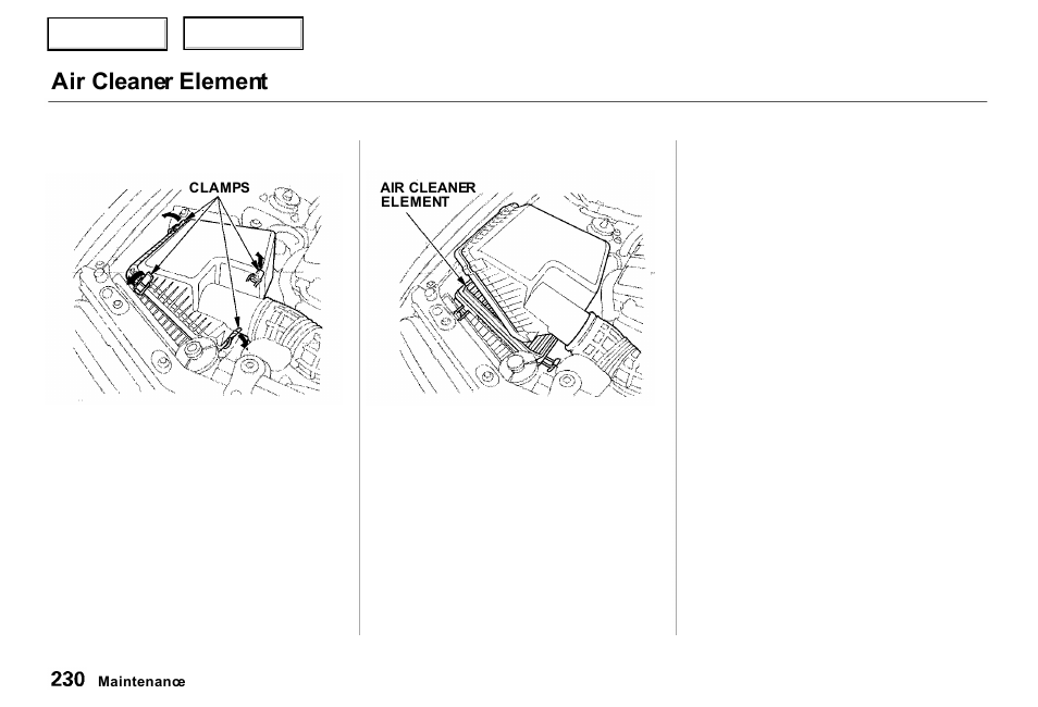 Air cleaner element | Acura 2000 RL - Owner's Manual User Manual | Page 233 / 330