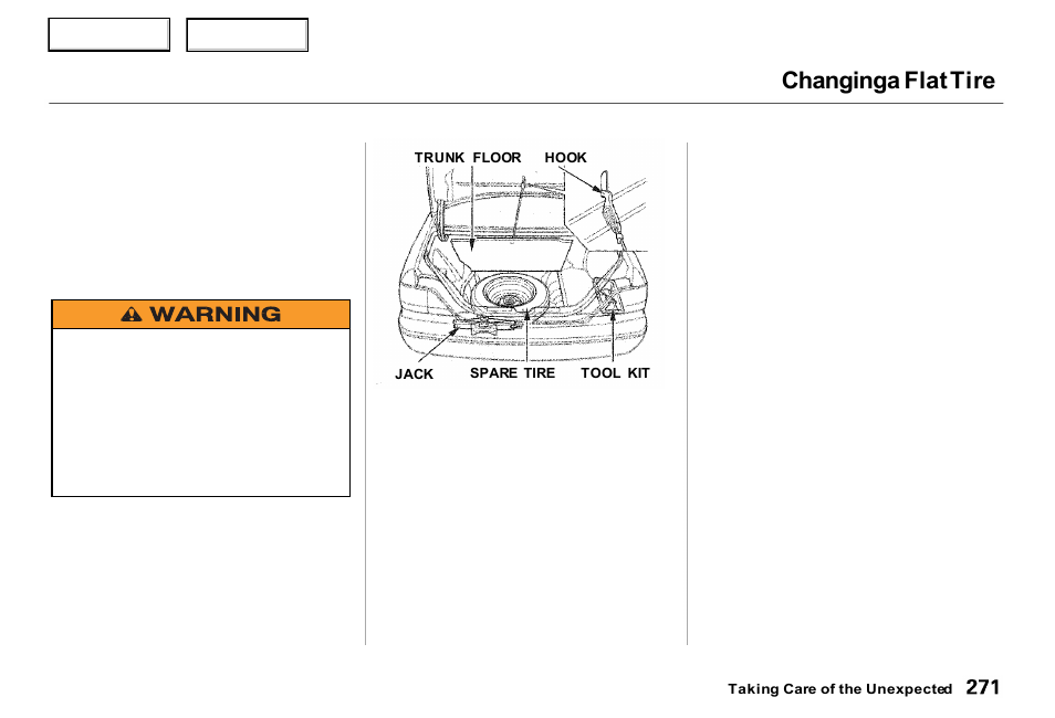 Changing a flat tire | Acura 2000 RL - Owner's Manual User Manual | Page 274 / 330