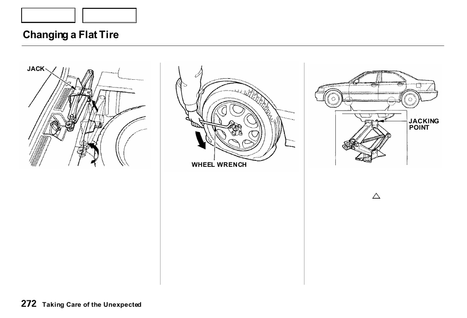 Changing a flat tire | Acura 2000 RL - Owner's Manual User Manual | Page 275 / 330