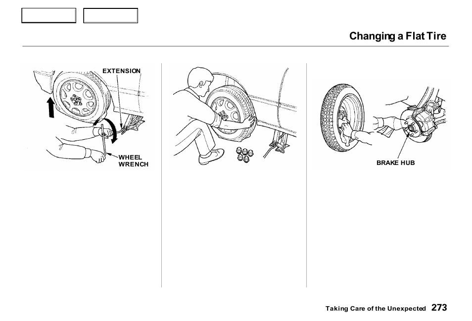 Changing a flat tire | Acura 2000 RL - Owner's Manual User Manual | Page 276 / 330