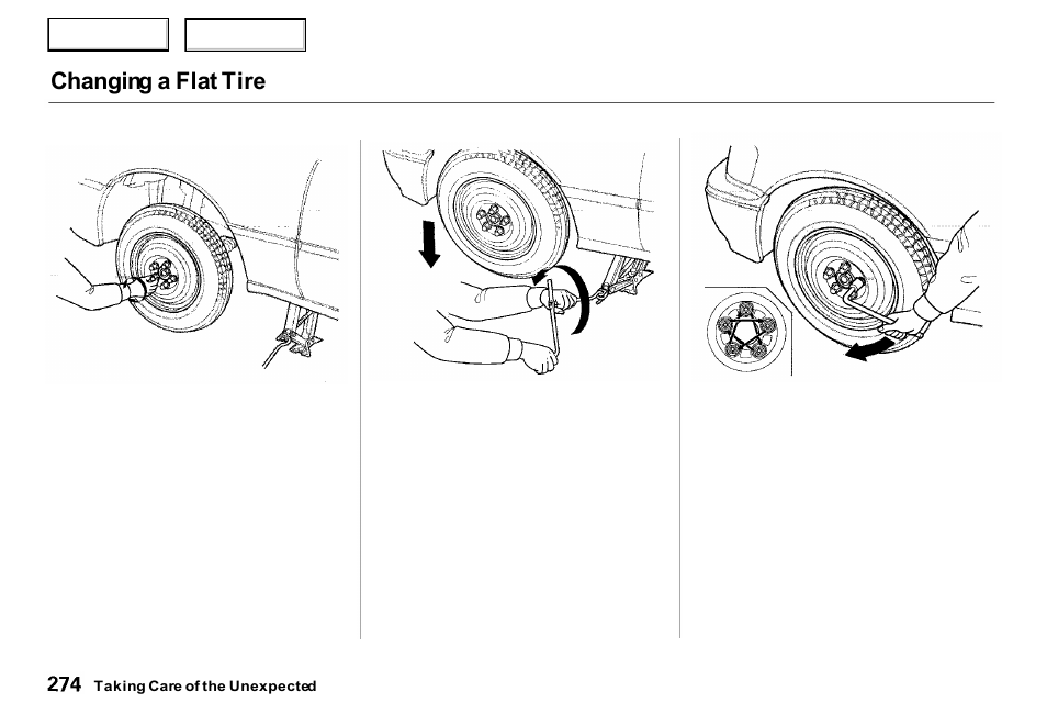 Changing a flat tire | Acura 2000 RL - Owner's Manual User Manual | Page 277 / 330