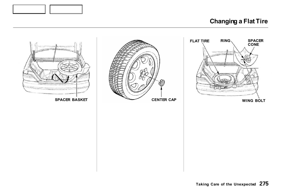 Changing a flat tire | Acura 2000 RL - Owner's Manual User Manual | Page 278 / 330