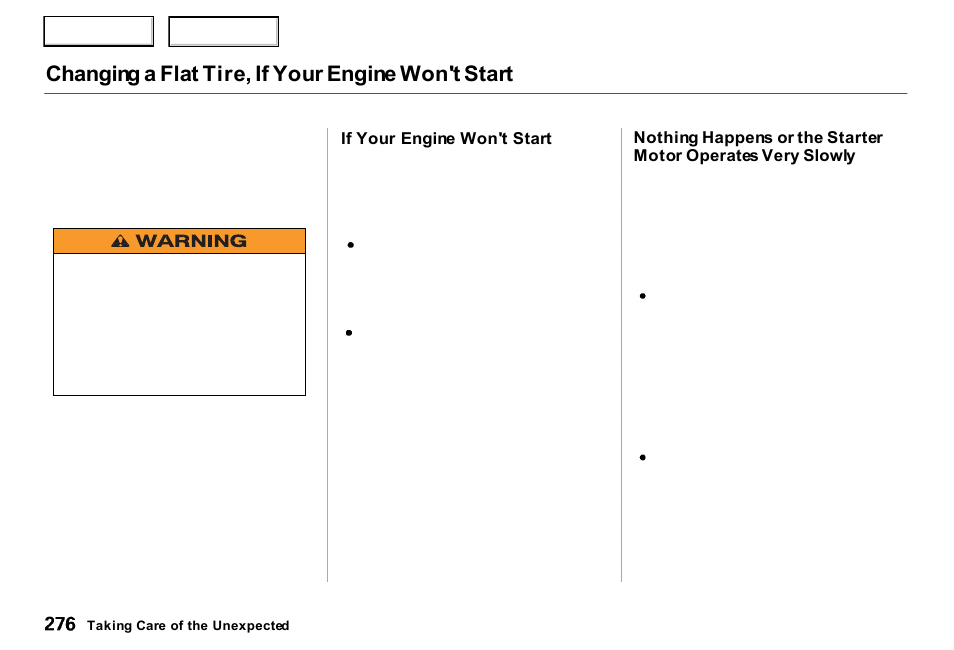 Changing a flat tire, if your engine won't start | Acura 2000 RL - Owner's Manual User Manual | Page 279 / 330