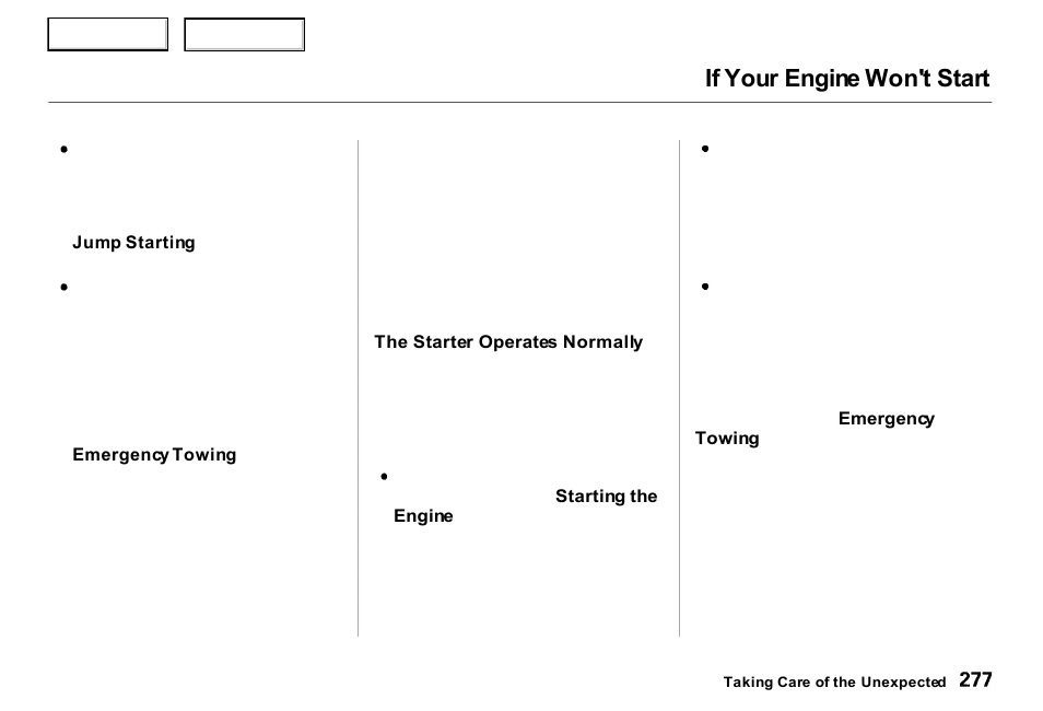 If your engine won't start | Acura 2000 RL - Owner's Manual User Manual | Page 280 / 330