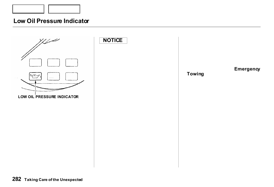 Low oil pressure indicator | Acura 2000 RL - Owner's Manual User Manual | Page 285 / 330