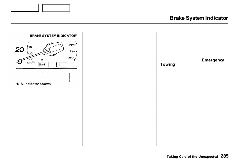 Brake system indicator | Acura 2000 RL - Owner's Manual User Manual | Page 288 / 330