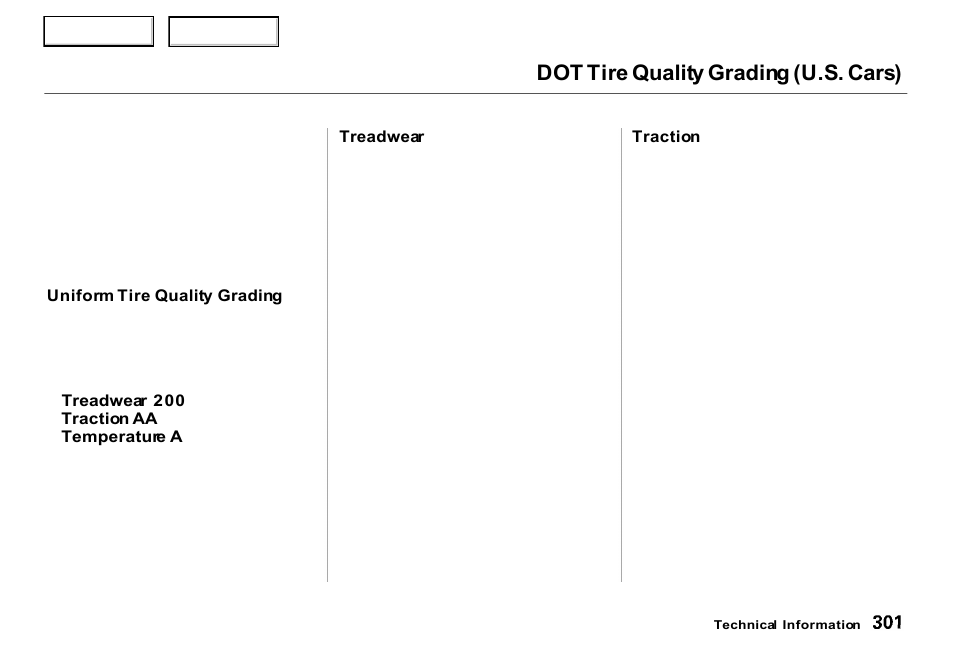 Dot tire quality grading (u.s. cars) | Acura 2000 RL - Owner's Manual User Manual | Page 304 / 330