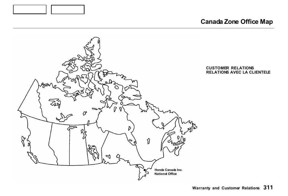 Canada zone office map | Acura 2000 RL - Owner's Manual User Manual | Page 314 / 330