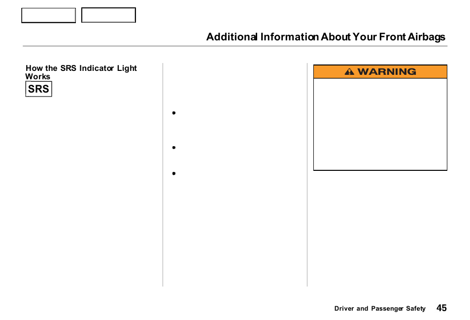 Additional information about your front airbags, S r s | Acura 2000 RL - Owner's Manual User Manual | Page 48 / 330