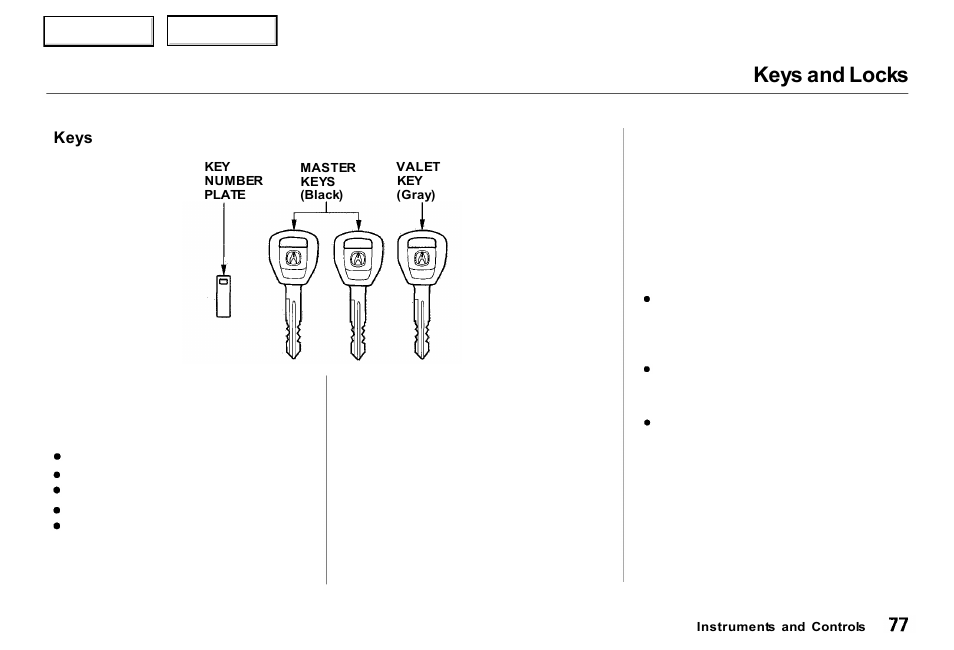 Keys and locks | Acura 2000 RL - Owner's Manual User Manual | Page 80 / 330