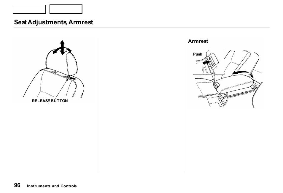 Seat adjustments, armrest | Acura 2000 RL - Owner's Manual User Manual | Page 99 / 330