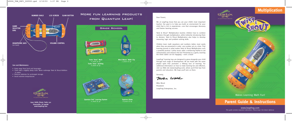 Parent guide & instructions, Multiplication, More fun learning products from quantum leap | Grade school, Makes learning math fun | Quantum Leap Twist & Shout Multiplication User Manual | Page 2 / 4