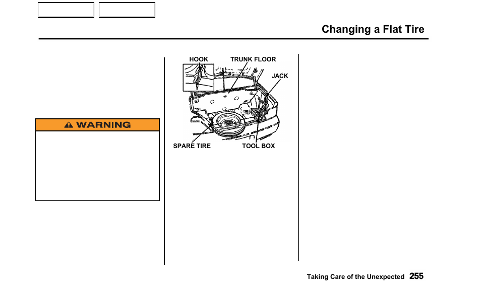 Changing a flat tire | Acura 2000 TL - Owner's Manual User Manual | Page 258 / 311