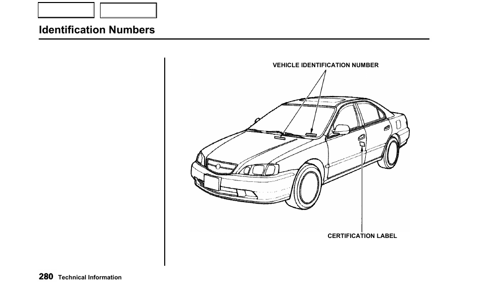 Identification numbers | Acura 2000 TL - Owner's Manual User Manual | Page 283 / 311