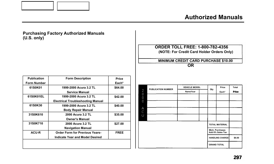 Authorized manuals | Acura 2000 TL - Owner's Manual User Manual | Page 300 / 311