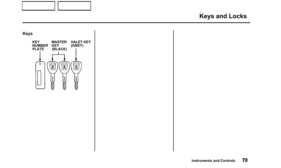 Keys and locks | Acura 2000 TL - Owner's Manual User Manual | Page 76 / 311