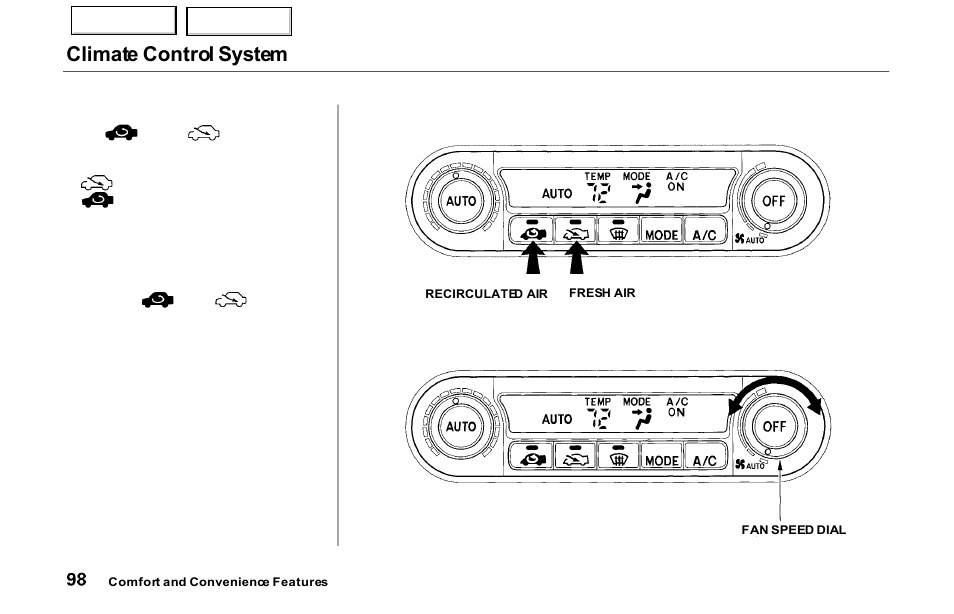 Climate control system | Acura 2000 NSX - Owner's Manual User Manual | Page 101 / 304