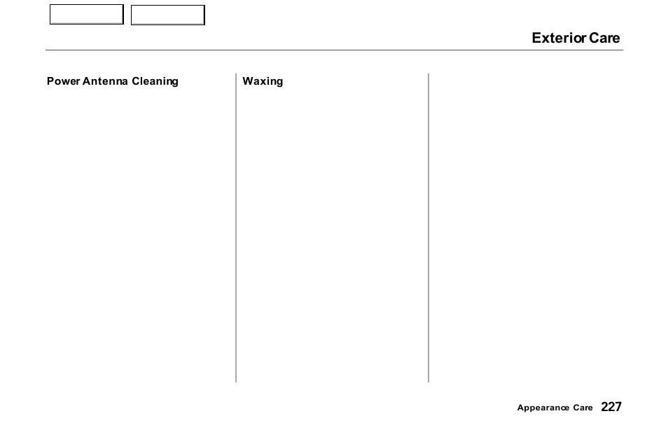 Waxing, Exterior care | Acura 2000 NSX - Owner's Manual User Manual | Page 230 / 304