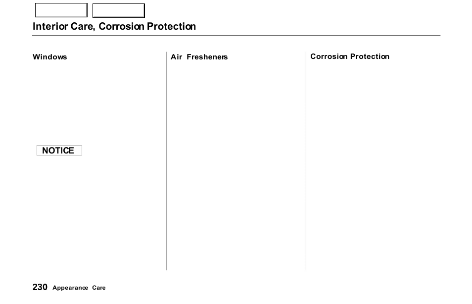 Interior care, corrosion protection | Acura 2000 NSX - Owner's Manual User Manual | Page 233 / 304