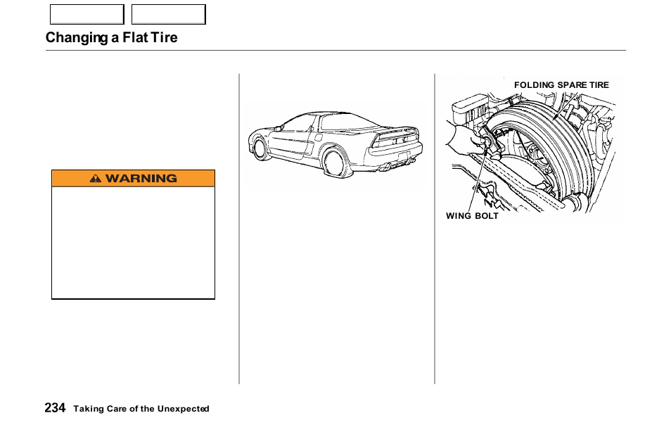 Changing a flat tire | Acura 2000 NSX - Owner's Manual User Manual | Page 237 / 304