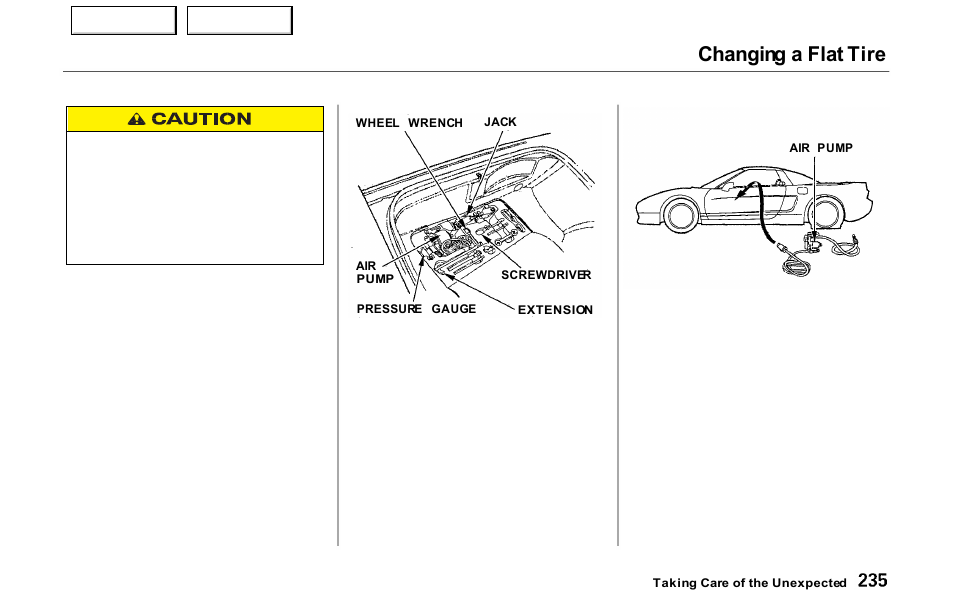 Changing a flat tire | Acura 2000 NSX - Owner's Manual User Manual | Page 238 / 304