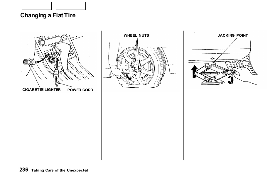 Changing a flat tire | Acura 2000 NSX - Owner's Manual User Manual | Page 239 / 304