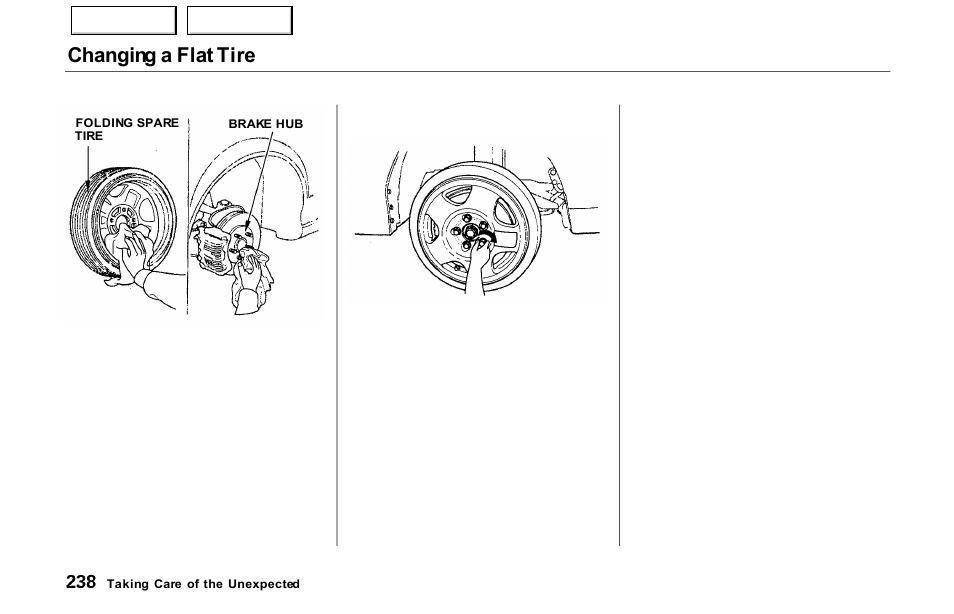 Changing a flat tire | Acura 2000 NSX - Owner's Manual User Manual | Page 241 / 304
