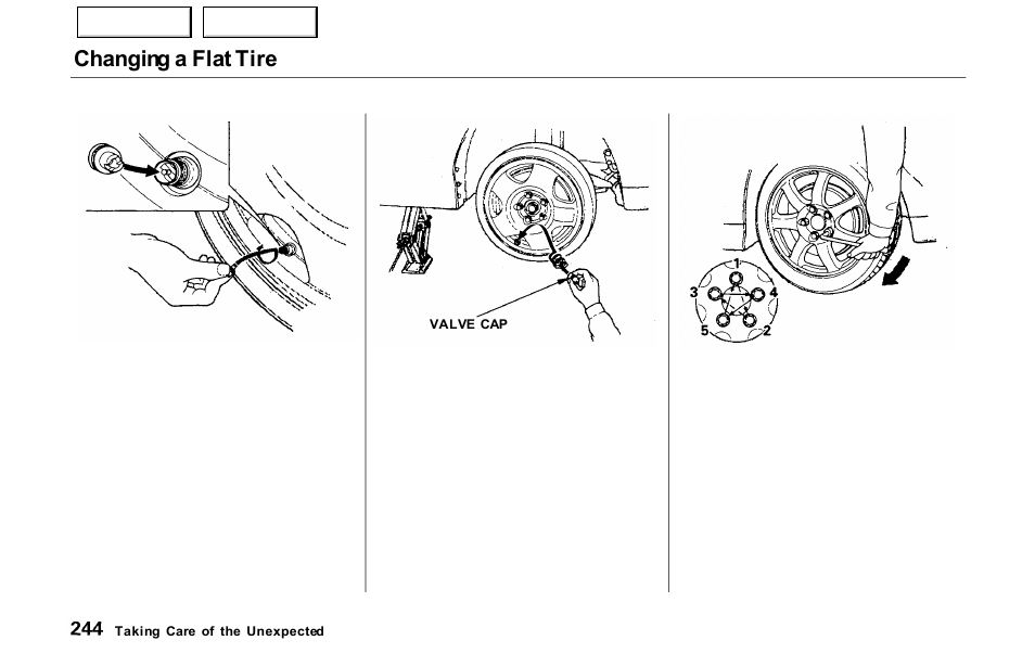 Changing a flat tire | Acura 2000 NSX - Owner's Manual User Manual | Page 247 / 304