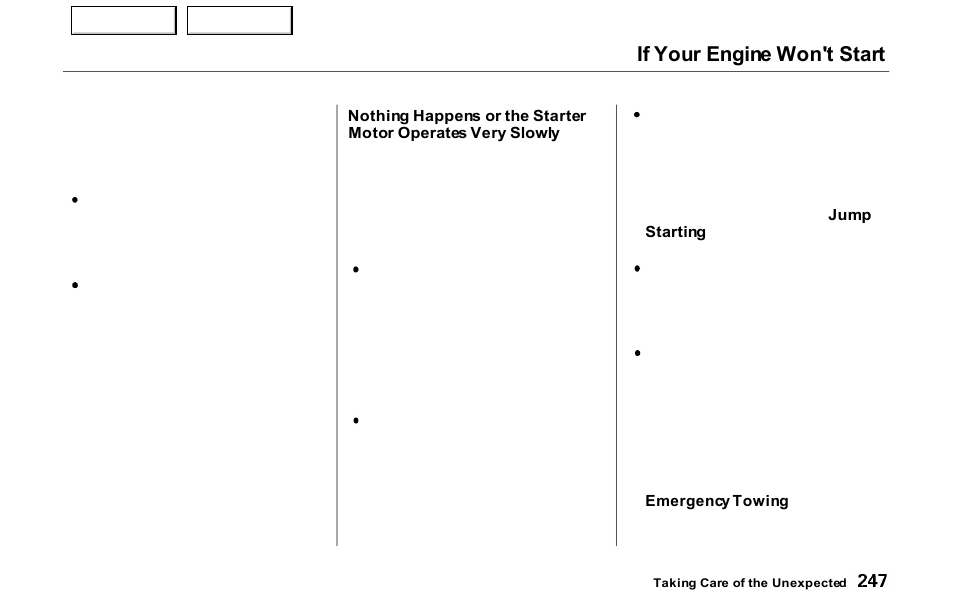 If your engine won't start | Acura 2000 NSX - Owner's Manual User Manual | Page 250 / 304