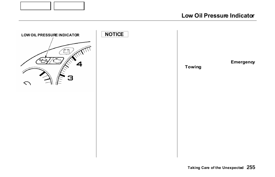 Low oil pressure indicator | Acura 2000 NSX - Owner's Manual User Manual | Page 258 / 304