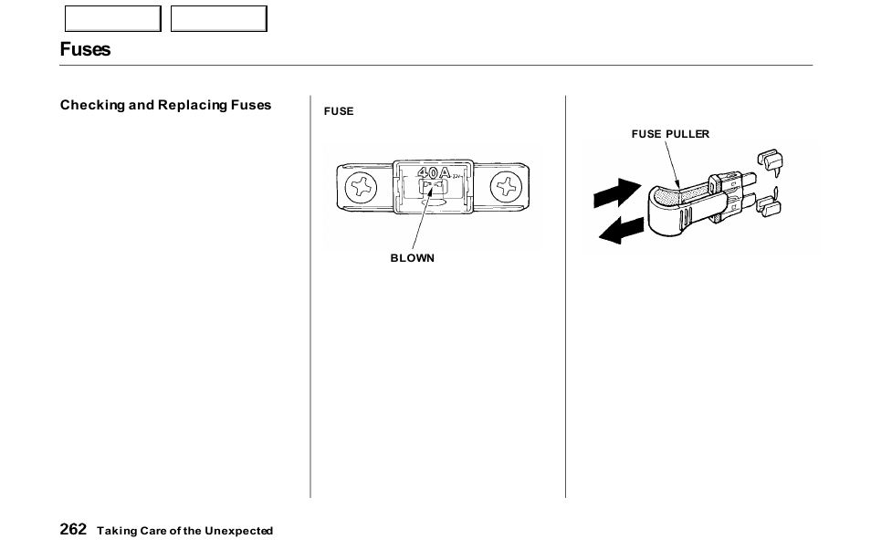 Fuses | Acura 2000 NSX - Owner's Manual User Manual | Page 265 / 304