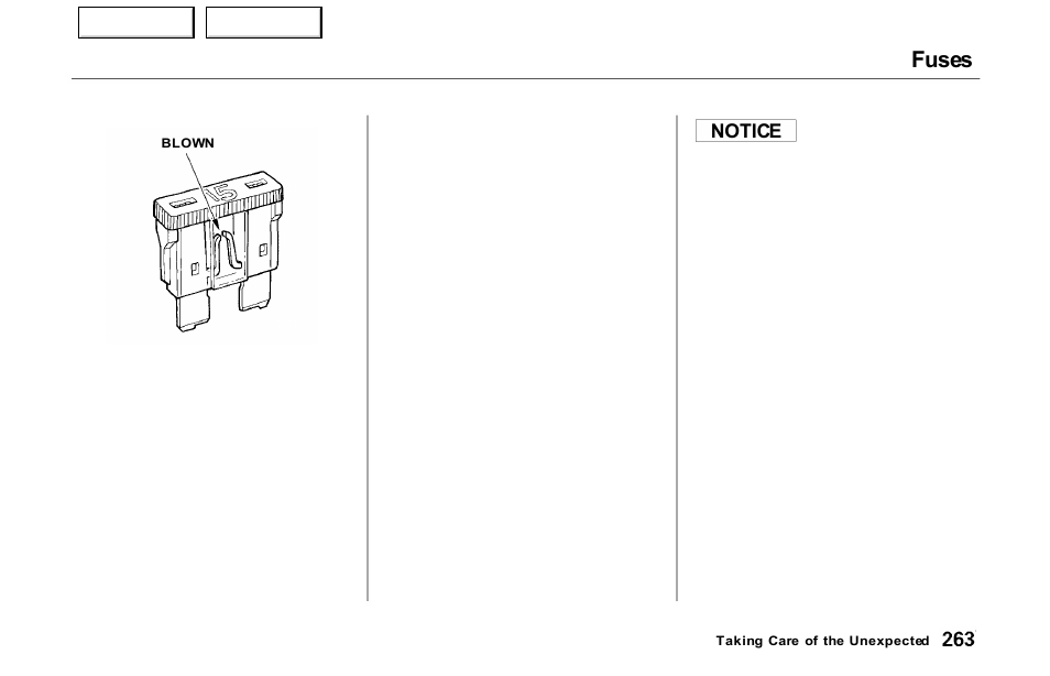 Fuses, Notice | Acura 2000 NSX - Owner's Manual User Manual | Page 266 / 304