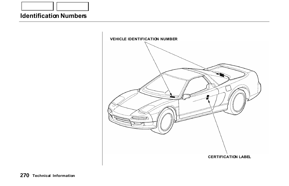 Identification numbers | Acura 2000 NSX - Owner's Manual User Manual | Page 273 / 304