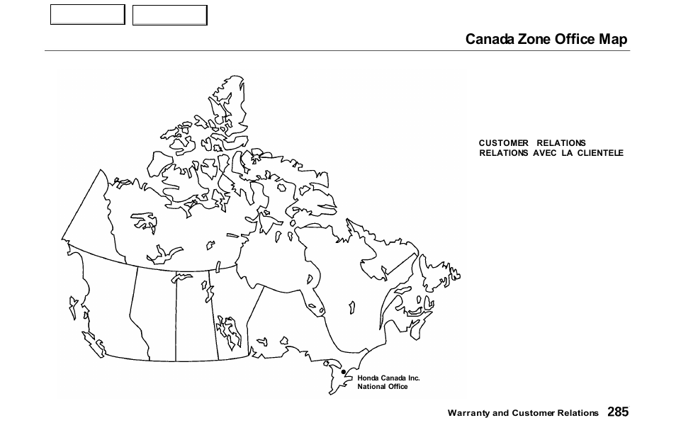 Canada zone office map | Acura 2000 NSX - Owner's Manual User Manual | Page 288 / 304