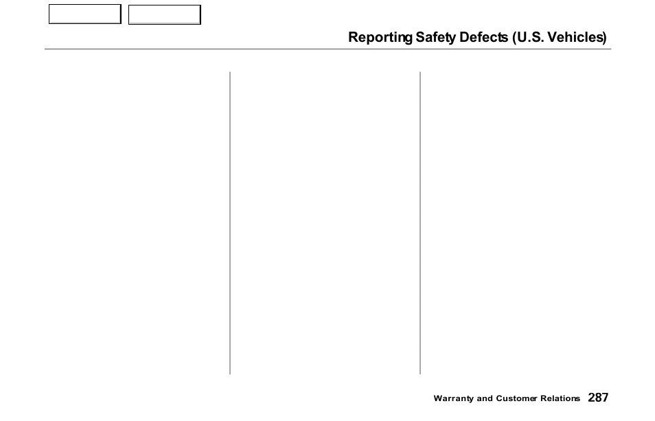 Vehicles), Reporting safety defects (u.s. vehicles) | Acura 2000 NSX - Owner's Manual User Manual | Page 290 / 304