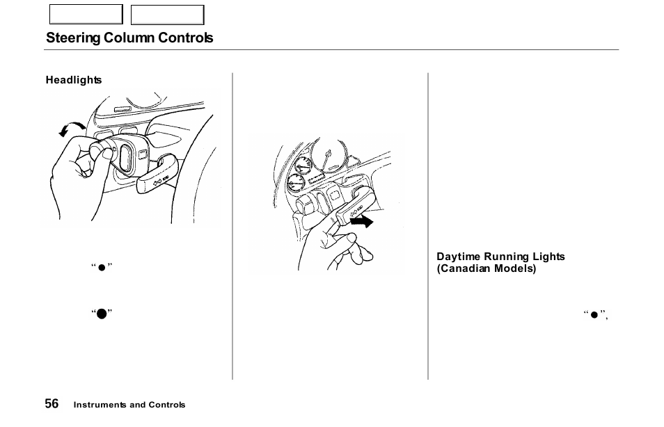 Steering column controls | Acura 2000 NSX - Owner's Manual User Manual | Page 59 / 304